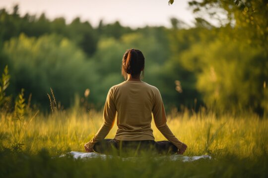 an asiatic woman practicing meditation in lotus position in a public park