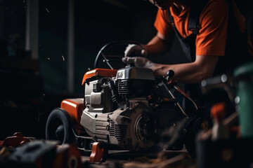 Fototapeta na wymiar Dedicated Man Repairing Lawn Mowing Equipment. Generative Ai