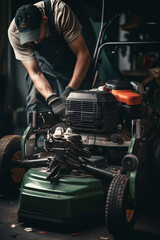 Fototapeta na wymiar Expert Lawn Mower Service in a Home Garage. Generative Ai