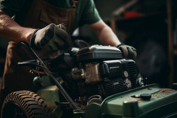 Obraz premium Close-up: Expert Servicing Lawn Mower. Generative Ai