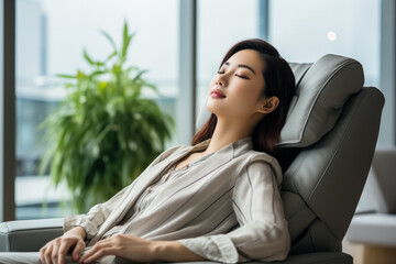 Fototapeta premium A businesswoman napping in the living room enjoying relaxation on her electric massage chair 