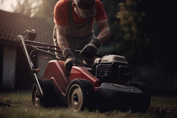 Man Repairing Lawn Mower: Garden Maintenance Activity. Generative Ai
