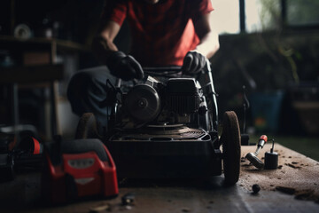 Obraz na płótnie Canvas Man Servicing Lawn Mower: Garage Workshop Scene. Generative Ai