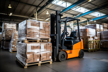 A forklift lifts product pallets in a large warehouse  - obrazy, fototapety, plakaty