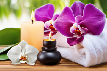 Fototapeta na wymiar Wellness decoration and bamboo, towel, orchids and candle