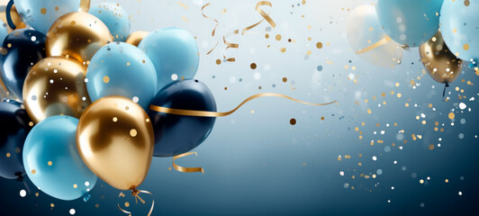 Holiday celebration background with golden silver and blue balloons. Banner
