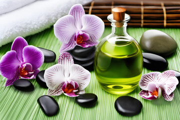 Wellness decoration and oil, bamboo, towel, orchids and hot stones
