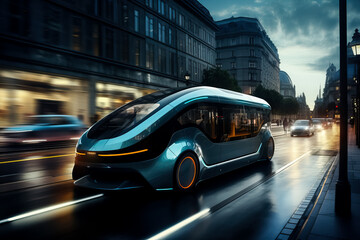 An autonomous electric car changes lanes and overtakes a vehicle in the city  - obrazy, fototapety, plakaty