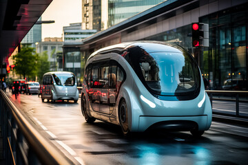 An autonomous electric car changes lanes and overtakes a vehicle in the city 