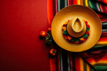 Cinco de Mayo themed featuring a Mexican sombrero on a colorful serape blanket against a yellow background 