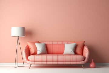 Interior with coral pink sofa, round pillow, plaid on beige wall. 3D rendering. Generative AI
