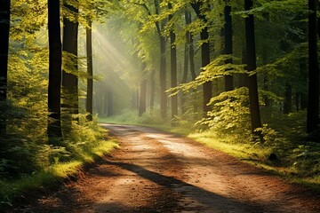 Woodland path with sunlight, leaves, and bright light. Generative AI