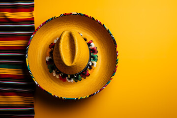 Cinco de Mayo themed featuring a Mexican sombrero on a colorful serape blanket against a yellow background 