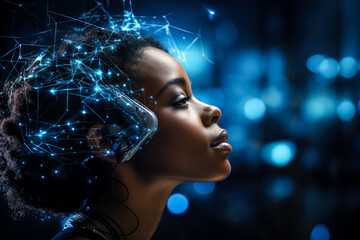 Double exposure of young black woman and AI communication network concept for banners or ads 