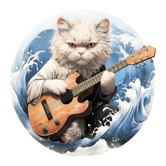 An evocative persian cat guitar t-shirt design capturing a guitarist performing on a moonlit beach, Generative Ai