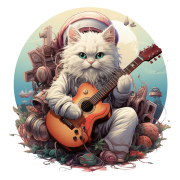 A dynamic persian cat guitar t-shirt design featuring a guitarist on a journey through fantastical landscapes, Generative Ai