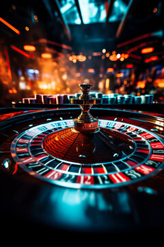 Highly contrasted moving image showcasing a roulette game being played in a casino 