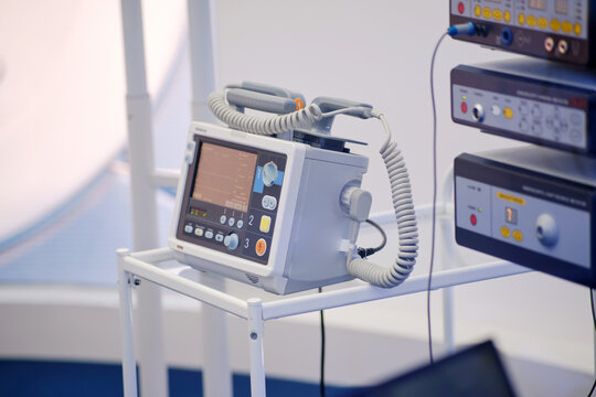 Portable cardio defibrillator, medical equipment in operating room