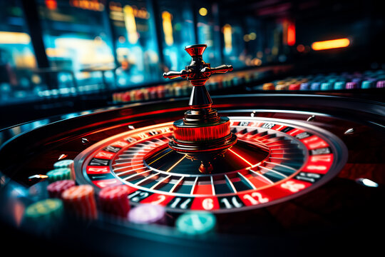 Highly contrasted moving image showcasing a roulette game being played in a casino 