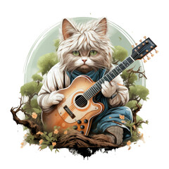 A meditative persian cat guitar t-shirt design set in a tranquil garden, where a guitarist plays under the shade of a centuries-old tree, Generative Ai