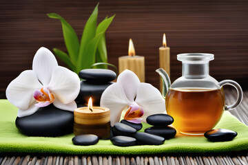Wellness und Tee, Steine, Orchideen, Kerzen und Handtuch
