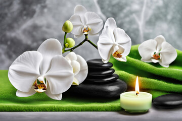 Fototapeta na wymiar Wellness Dekoration und Steine, Orchideen, Kerze und Handtuch