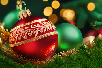 Festliche Dekoration für Weihnachten mit Weihnachtskugeln und Tannenzweigen rot grün gold
