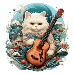 A whimsical persian cat guitar t-shirt design set in a surreal dreamscape, Generative Ai