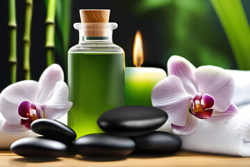 Obraz na płótnie Canvas Wellness decoration and green oil, bamboo, towel, orchids and hot stones
