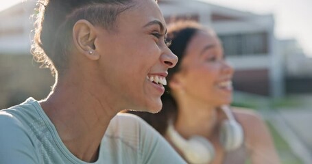 Fitness, conversation and girl friends laughing for a comic or funny joke after an outdoor workout. Gen z, smile and happy young women talking, bonding and relaxing after sports training or exercise.