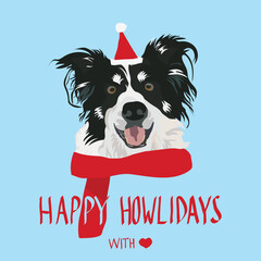 Border Collie dog in a winter scarf and Santa hat. Xmas winter postcard. Happy Howlidays Dog Christmas Card for dog lovers. Abstract design with Collie Drawing. Cartoon style. Popular character.