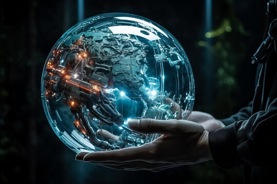 Robot hand holding Earth crystal glass globe ball to save and sustain the environment promoting ecology 