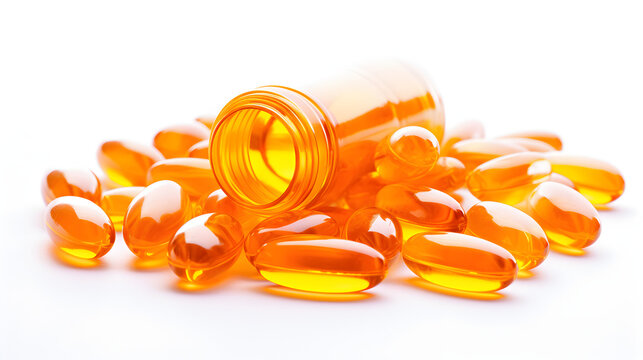 orange pills and bottle on white background