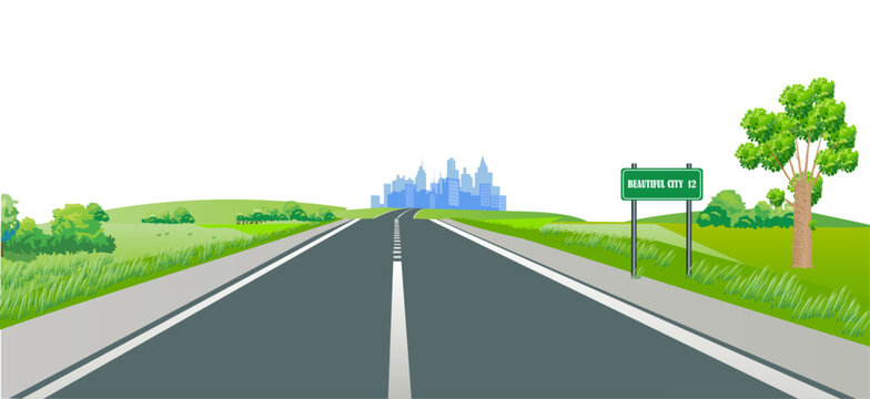 The highway leading to the Beautiful City with a corresponding road sign. Vector illustration.