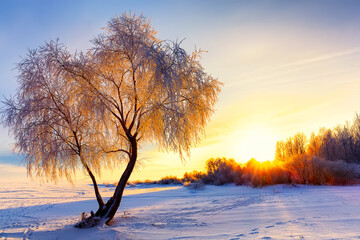 Beautiful winter landscape with forest, trees covered snow and sunrise.