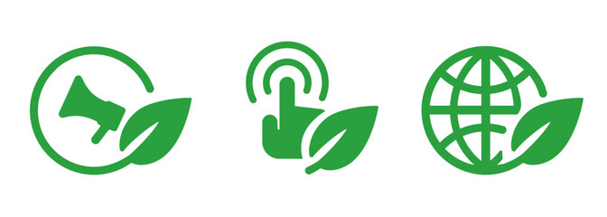 Eco sustainable campaign internet digital marketing of ecology issues green leaf leaves set icon of megaphone hand click and internet globe