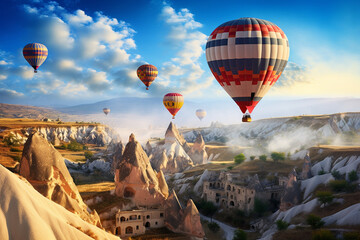 hot air balloon flying over spectacular Cappadocia , trendy, 3d rendering, AI generative