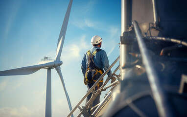 A worker standing on top of a wind turbine with a harness - 646083658