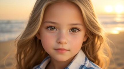 portrait of a young girl, The sunny beach backdrop adds a touch of warmth to her expression, generative AI