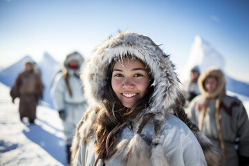 pretty skimo woman looking at camera in artic - obrazy, fototapety, plakaty