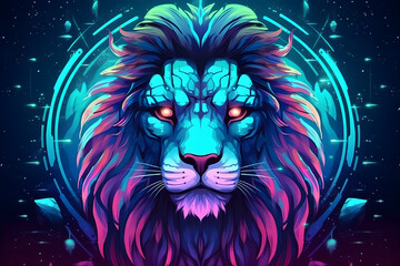 Digital Dreamscape: Lion Face in 1980s Summer Beach Retrowave Music