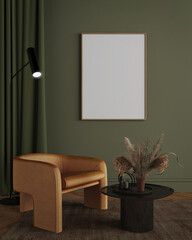Blank picture frame in green room with armchair lamp and table.3d rendering