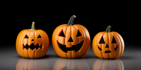 Close-up three carved different sizes pumpkins isolated on black background. Spooky Jack O Lanterns with a evil smile. Advertising Halloween banner background with copy space. Autumn holidays concept