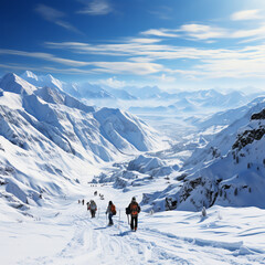 Naklejka na ściany i meble Snow covered mountains in winter with men on skis. AI generated