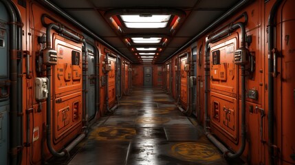 a hallway with many doors and pipes