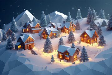 Weihnachten Winterlandschaft in der Nacht mit Schneefall und Lichtern