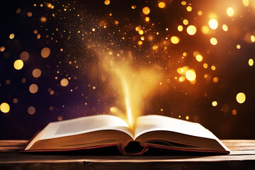 Magisches Buch aus dem Goldstaub aufsteigt mit Bokeh