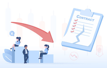 Contract cancellation and stock slump concept. Financial business, stocks market crash, bankruptcy and falling down bar graph. Flat vector design illustration.