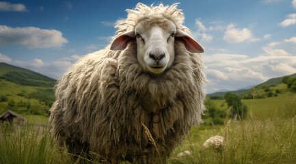 Oveja vieja con mucha lana posando tranquila en un prado verde