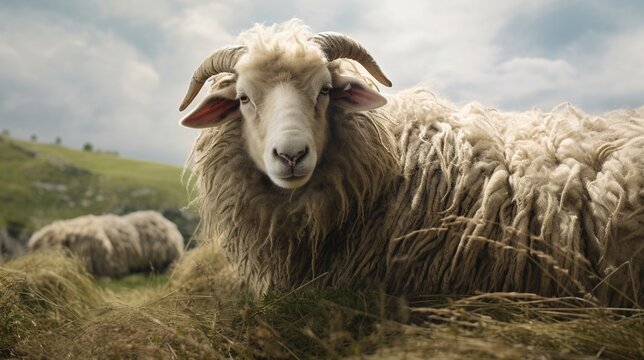 Oveja vieja con mucha lana posando tranquila en un prado verde